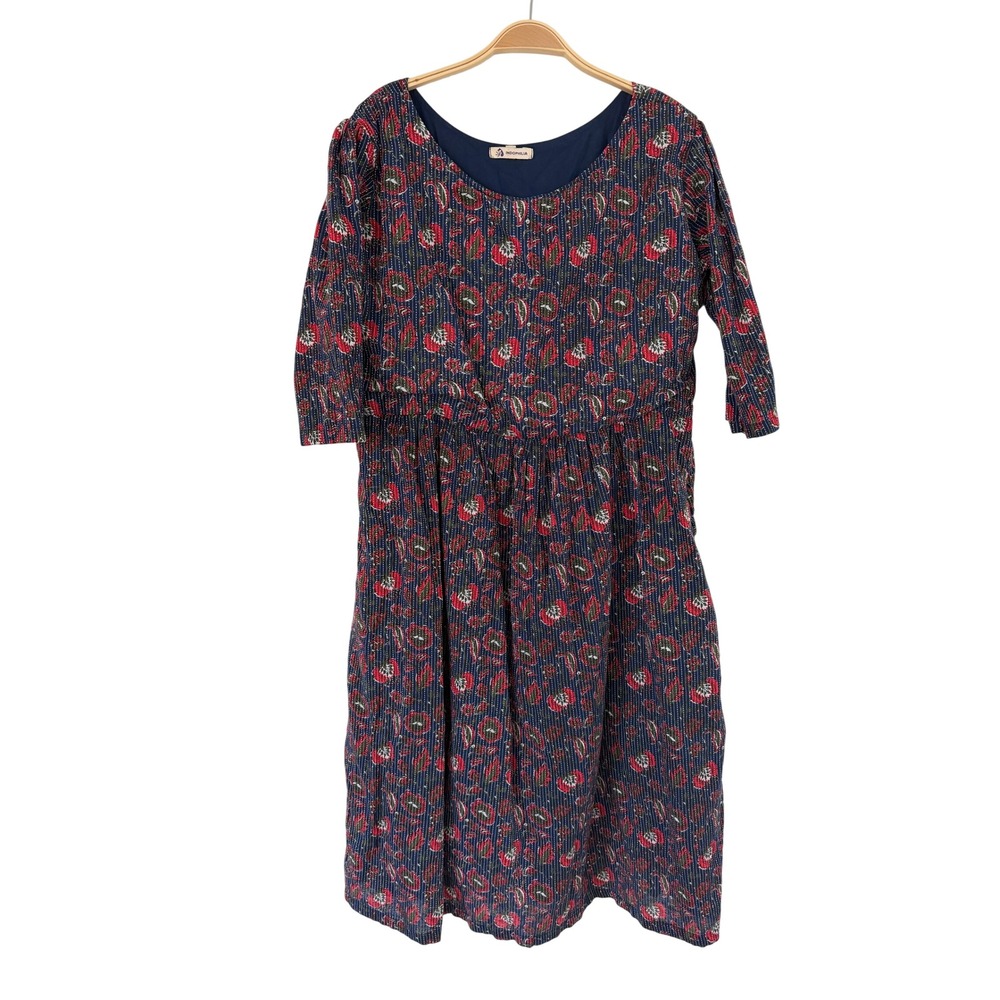 Indophilia Navy Blue Floral Paisley Kantha Stitch Midi Dress Size 42 3/4 Sleeve